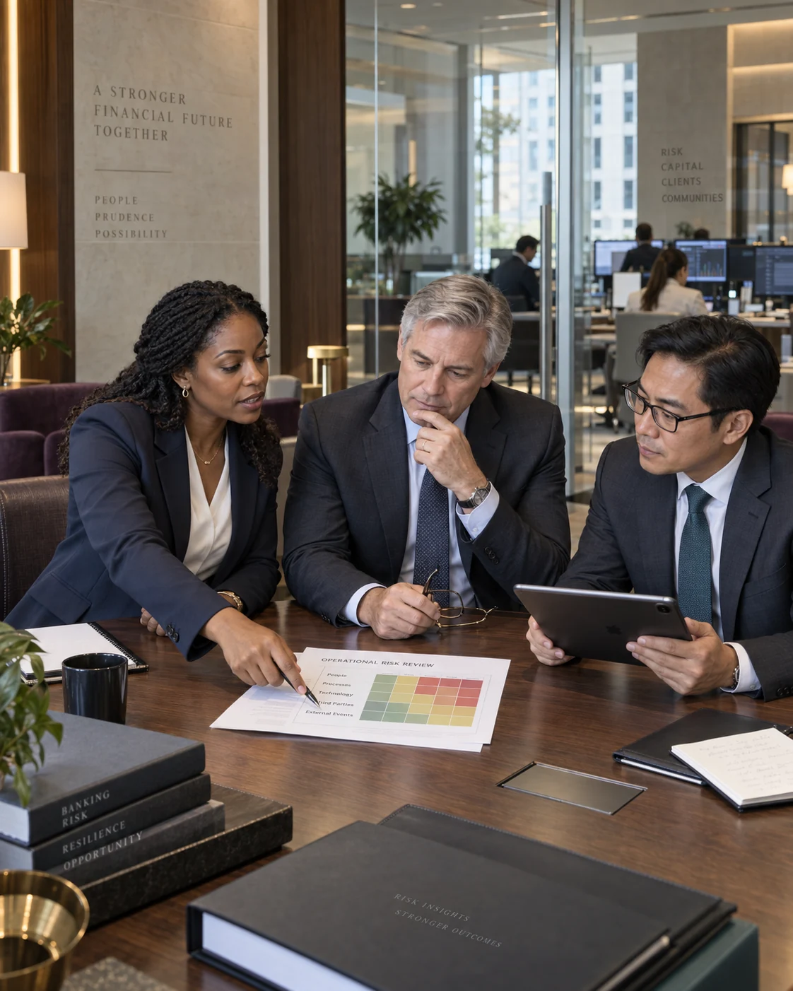 Banking professionals reviewing business operations and risk.