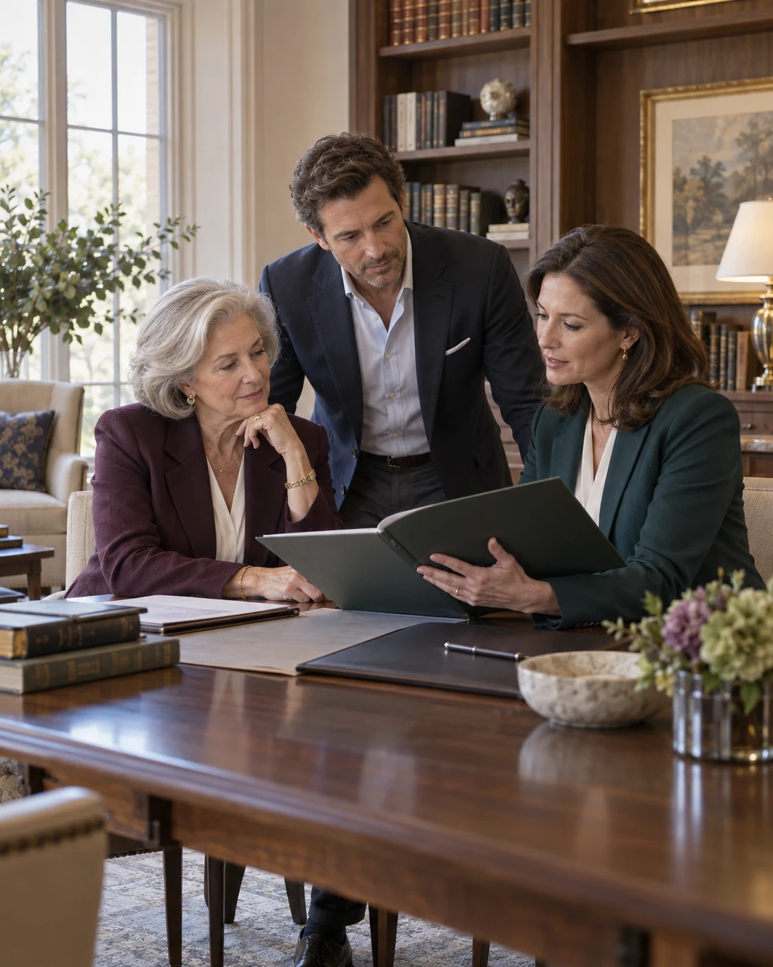 Family office professionals reviewing business operations and risk.