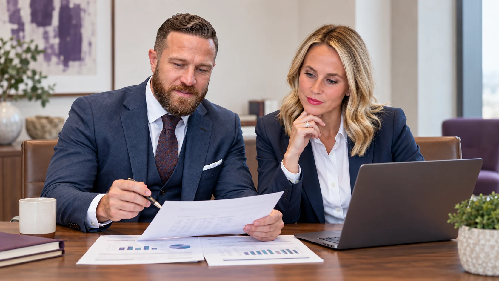 Blake Kerr and Jenny Smith reviewing financial reports.
