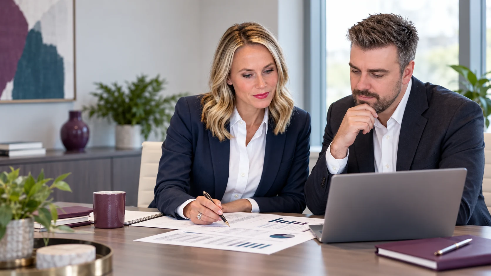 Jenny Smith and Andrew Hansen reviewing financial records.