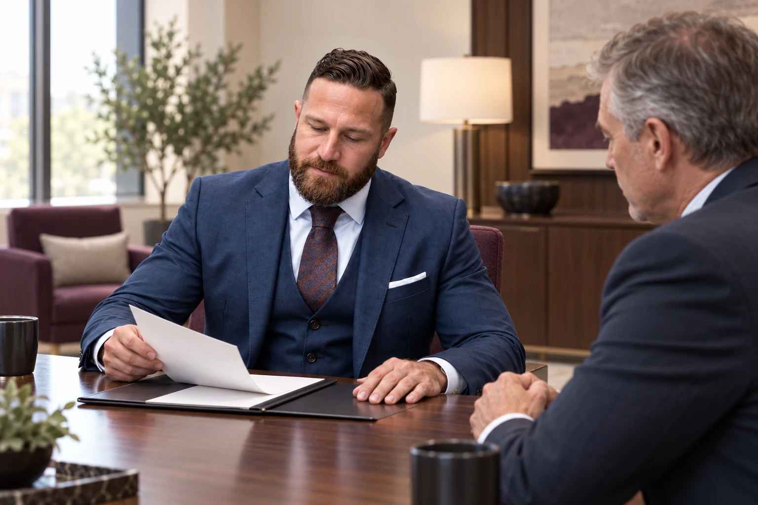 Illustrative scene of Blake Kerr reviewing documents with a business client.