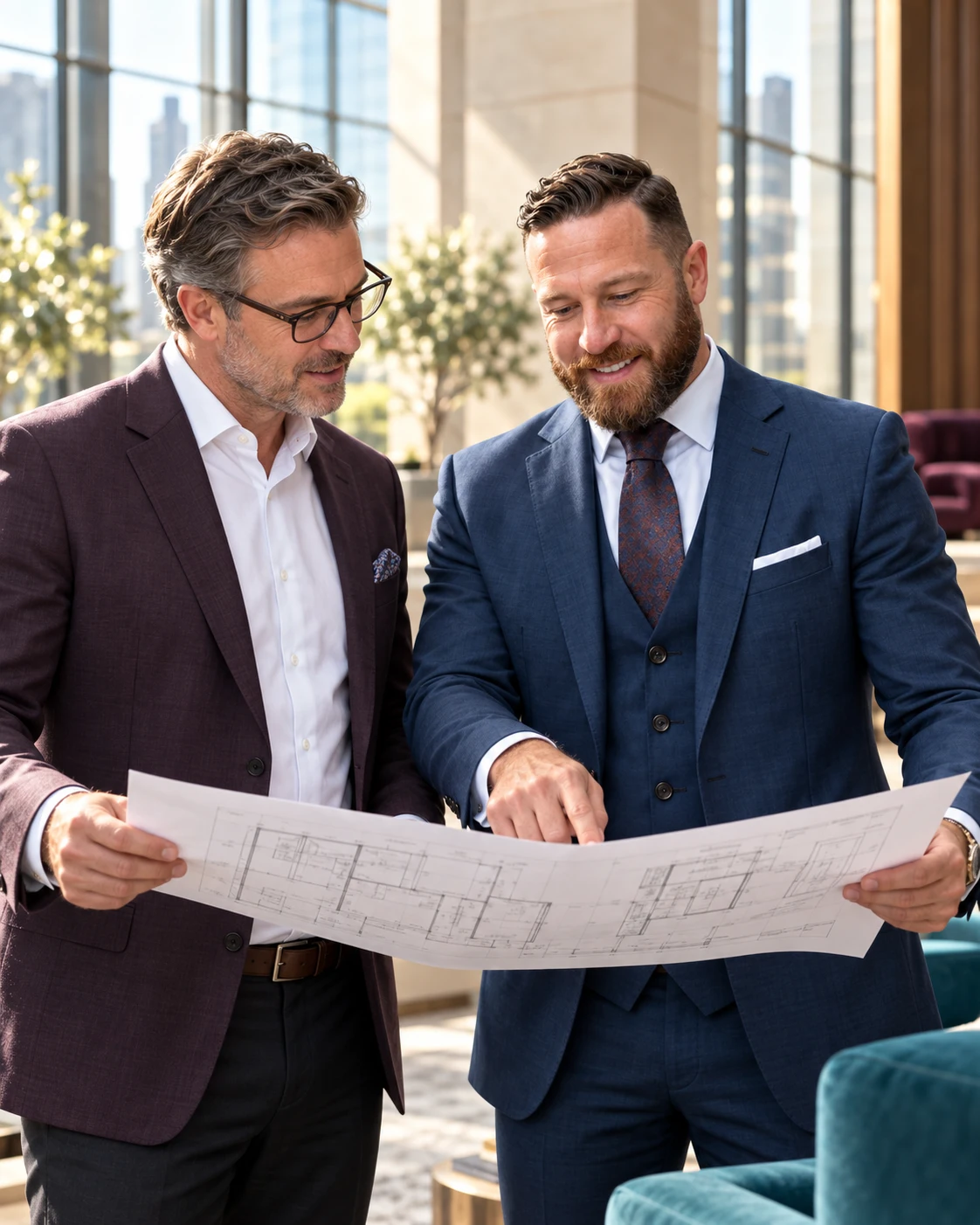 Blake Kerr reviewing a commercial floor plan.