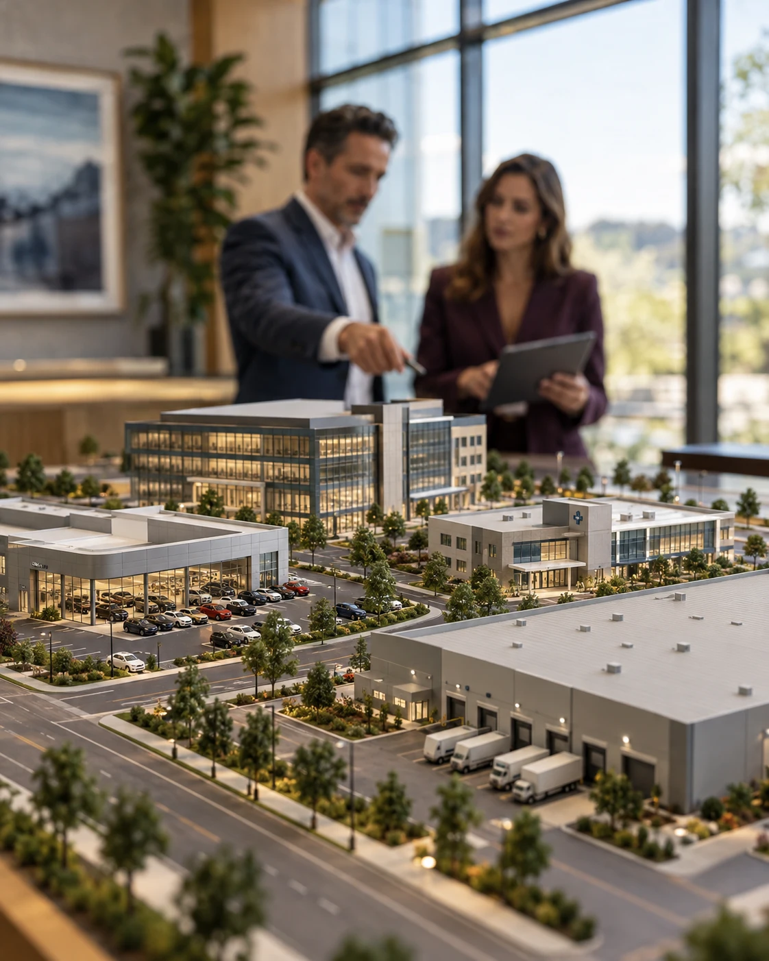 Architectural model of a business district.