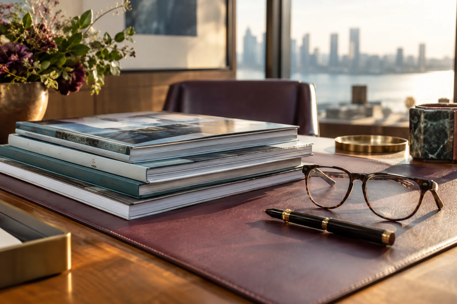 Industry journals and reading glasses.