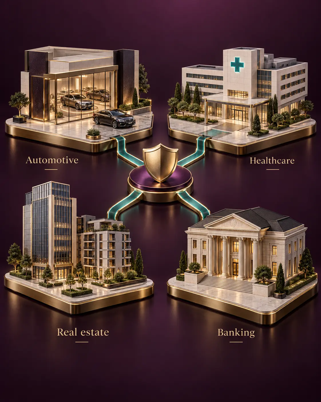 Automotive, healthcare, real estate and banking industries represented as desk objects