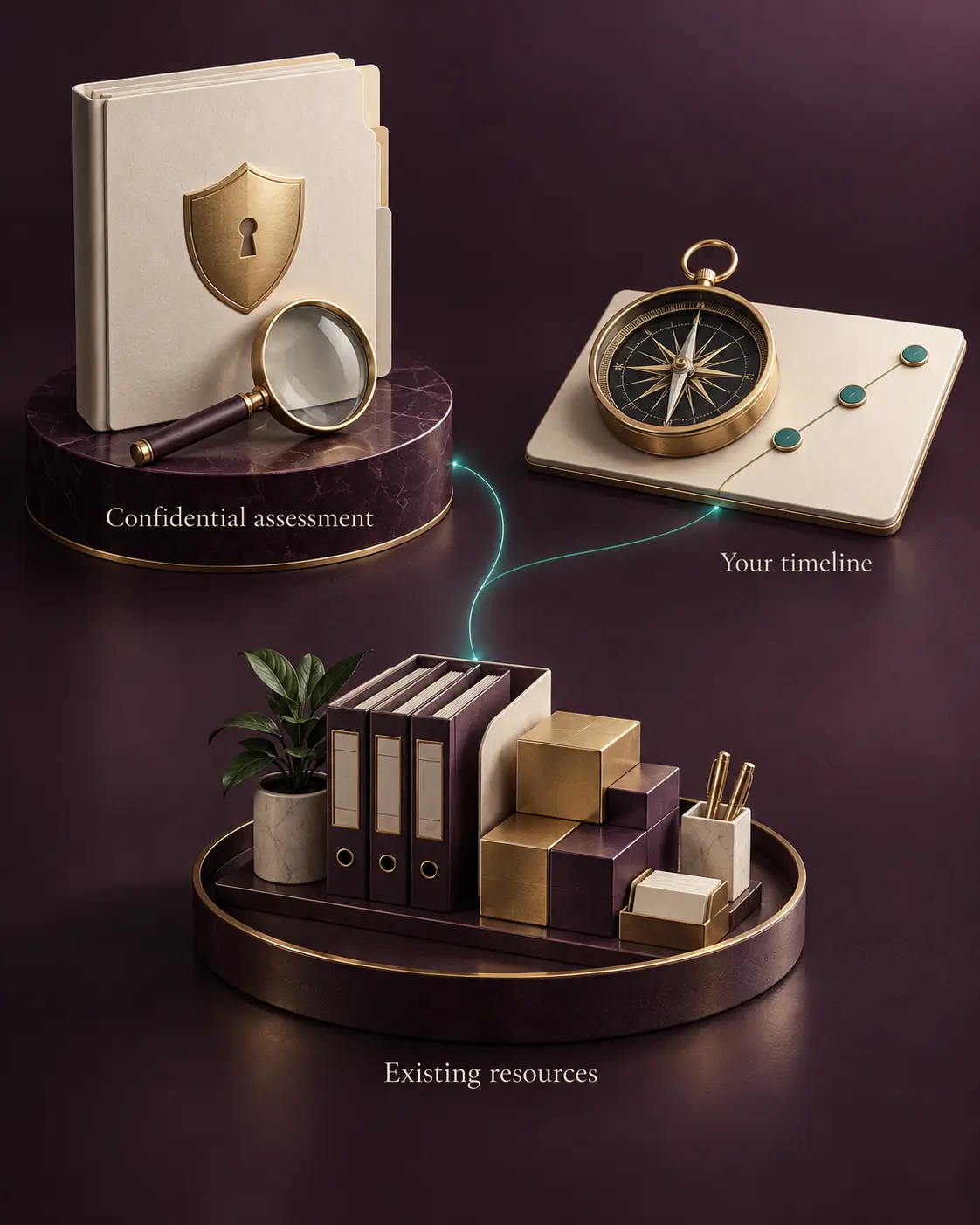 Confidential assessment, your timeline and existing resources represented as desk objects